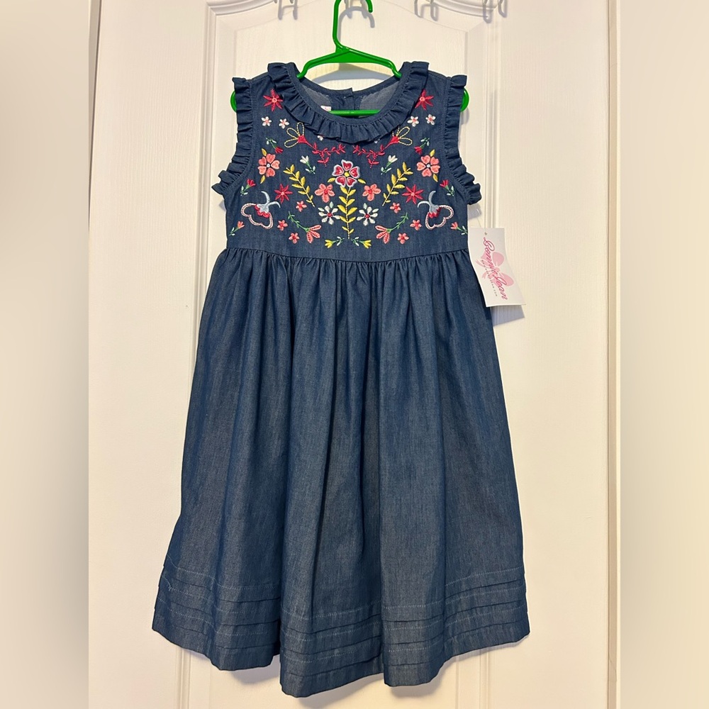 Bonnie Jean Navy Chambray Dress with Multicolor Floral Embroidery